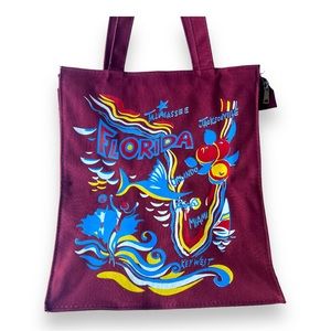 Bold Vintage Florida Tourist Keepsake Zip Tote Bag Bright Print on Merlot Fabric